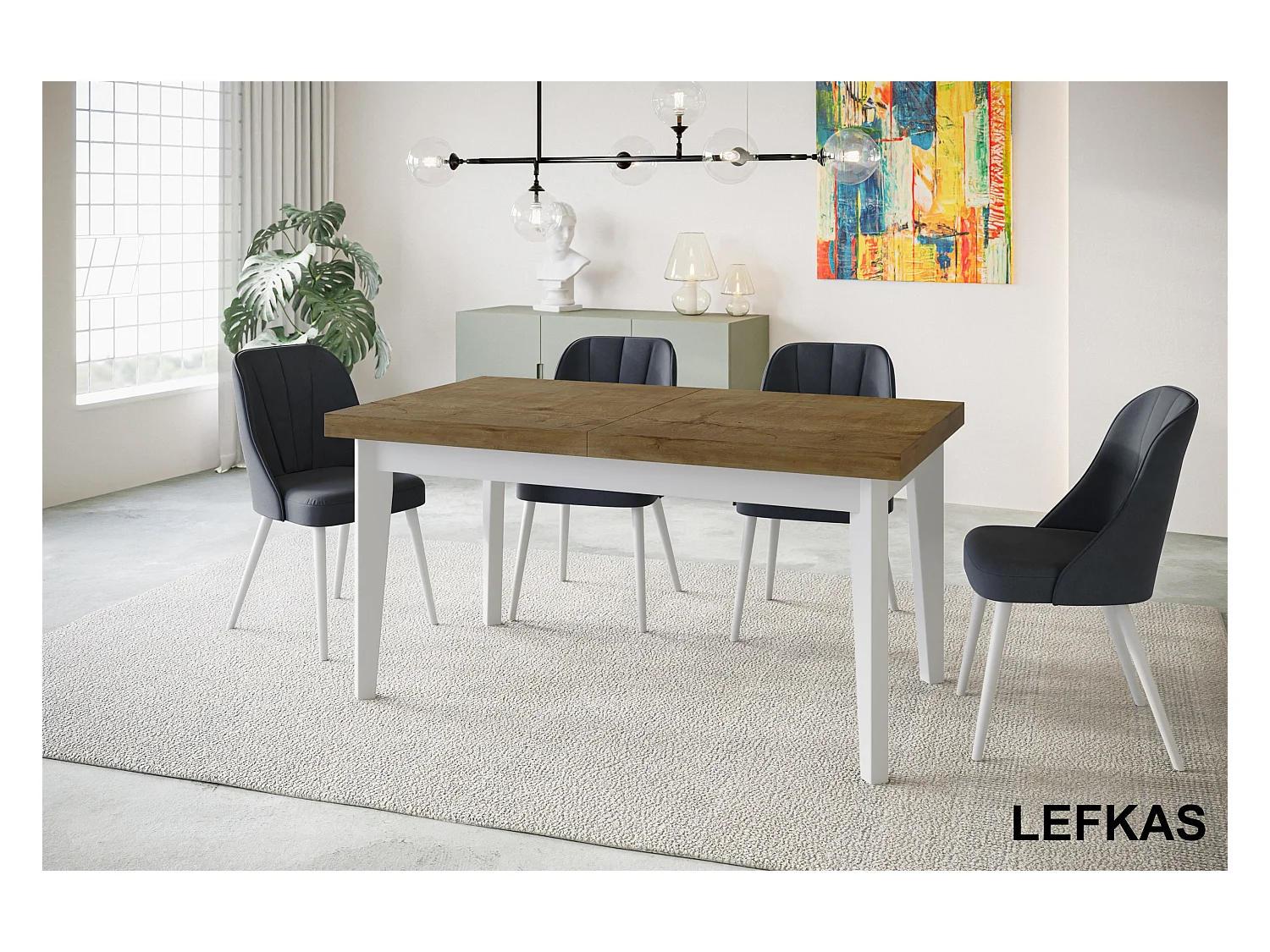 Table de salle à manger rectangulaire SKANDI, table à rallonges, dimensions: 140-180X80X78 cm, couleur: LEFKAS, avec pieds en bois blanc