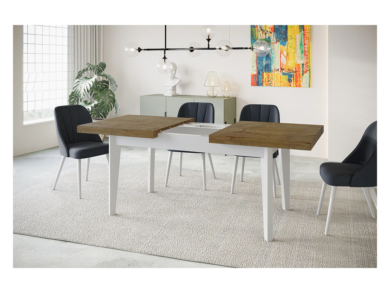 Table de salle à manger rectangulaire SKANDI, table à rallonges, dimensions: 140-180X80X78 cm, couleur: LEFKAS, avec pieds en bois blanc