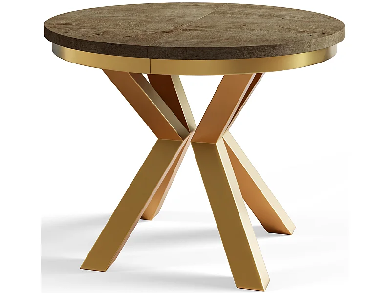 Table de salle à manger ronde LOFT, table à rallonges Diamètre : 100 cm/180 cm, couleur de la table basse : brun foncé, avec pieds métalliques couleur or