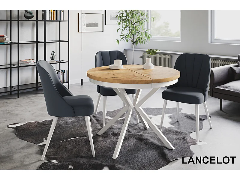 Table de salle à manger ronde BERGO, table à rallonges Diamètre : 120 cm/200 cm, table de salon Couleur : marron clair, avec pieds métalliques blancs