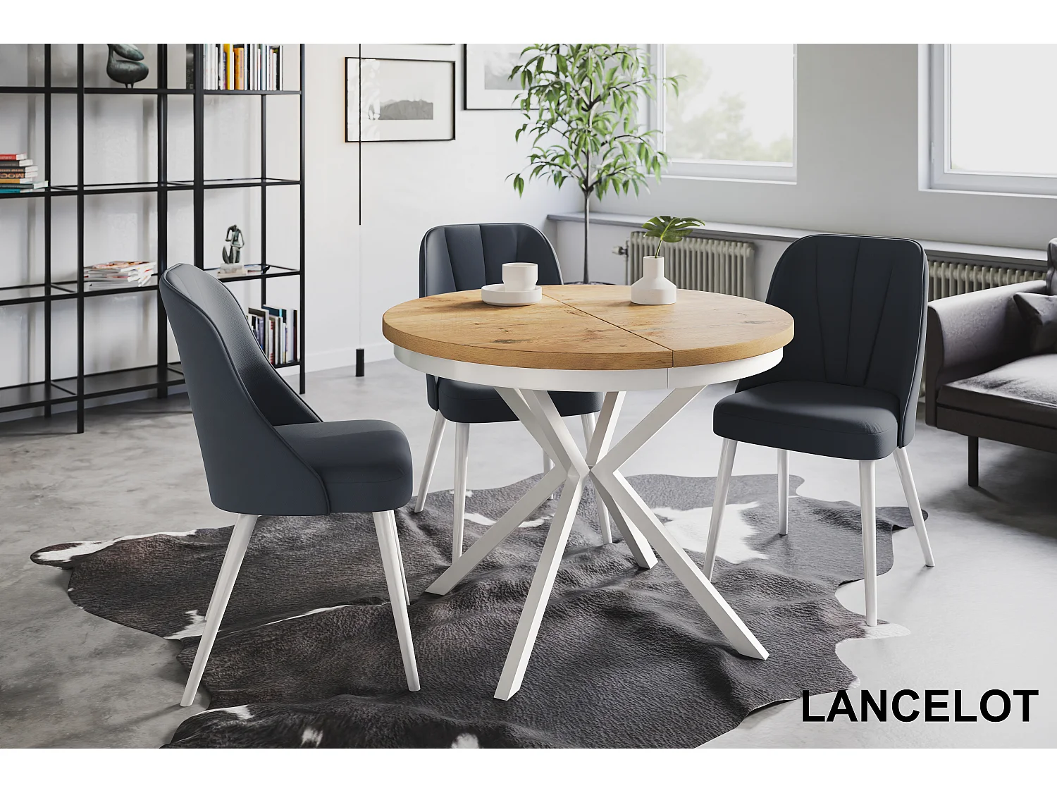 Table de salle à manger ronde BERGO, table à rallonges Diamètre : 120 cm/200 cm, table de salon Couleur : marron clair, avec pieds métalliques blancs