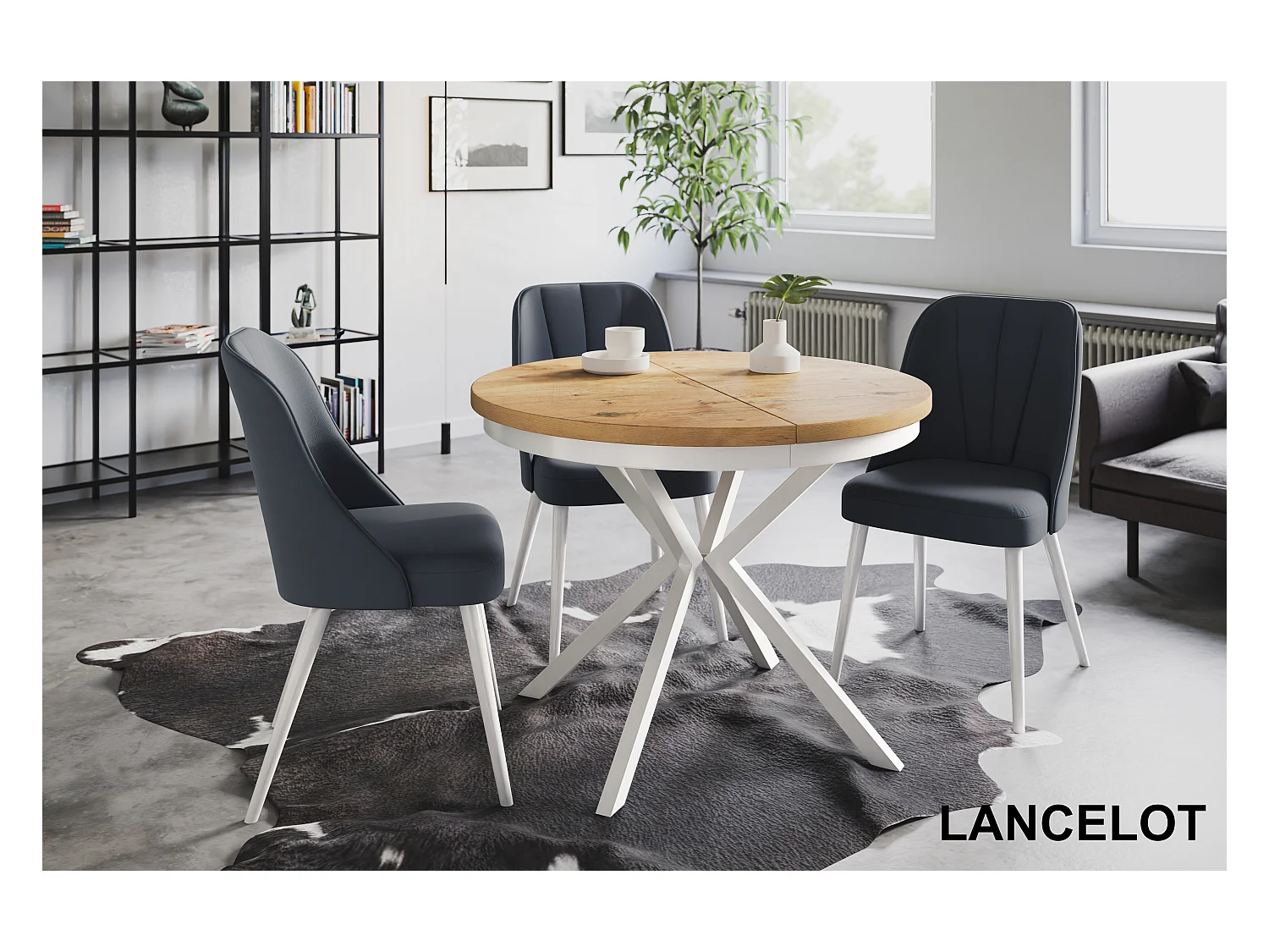 Table de salle à manger ronde BERGO, table à rallonges Diamètre : 120 cm/200 cm, table de salon Couleur : marron clair, avec pieds métalliques blancs
