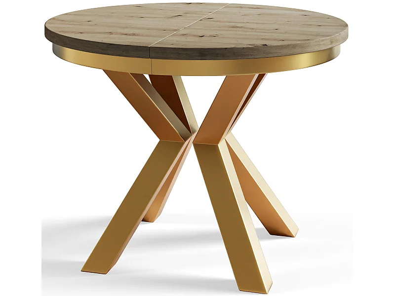 Table de salle à manger ronde LOFT, table à rallonges Diamètre : 100 cm/180 cm, couleur de la table basse : brun mat, avec pieds métalliques couleur or