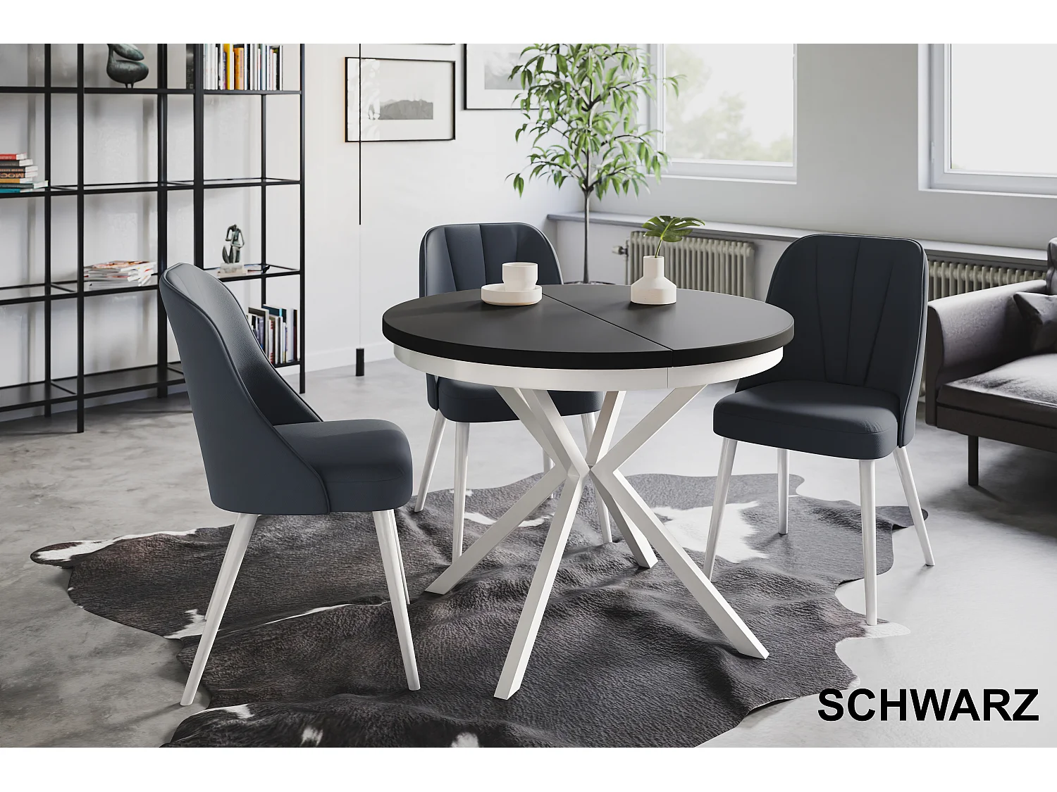 Table de salle à manger ronde BERGO, table à rallonges Diamètre : 100 cm/180 cm, couleur de la table basse : noir, avec pieds métalliques de couleur blanche