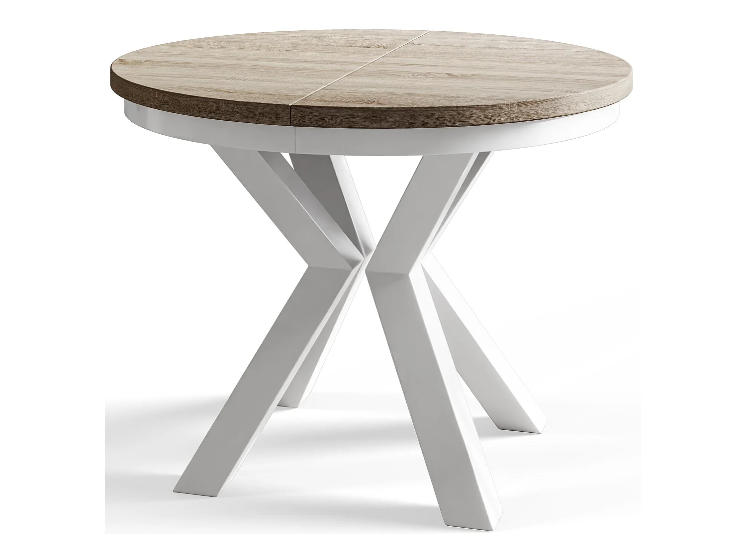 Table de salle à manger ronde LOFT, table à rallonges Diamètre : 120 cm/200 cm, couleur de la table basse : beige, avec pieds métalliques de couleur blanche
