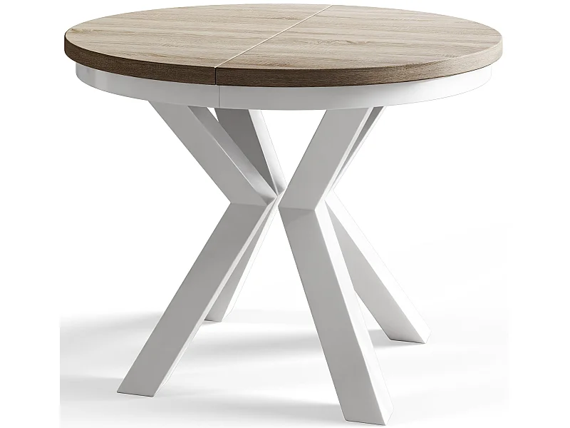 Table de salle à manger ronde LOFT, table à rallonges Diamètre : 120 cm/200 cm, couleur de la table basse : beige, avec pieds métalliques de couleur blanche