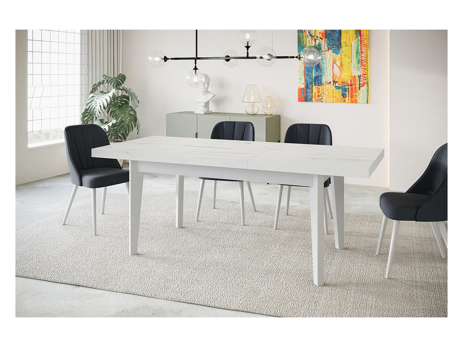 Table de salle à manger rectangulaire SKANDI, table à rallonges, dimensions: 120-160X80X78 cm, couleur: MARMUR, avec pieds en bois blanc