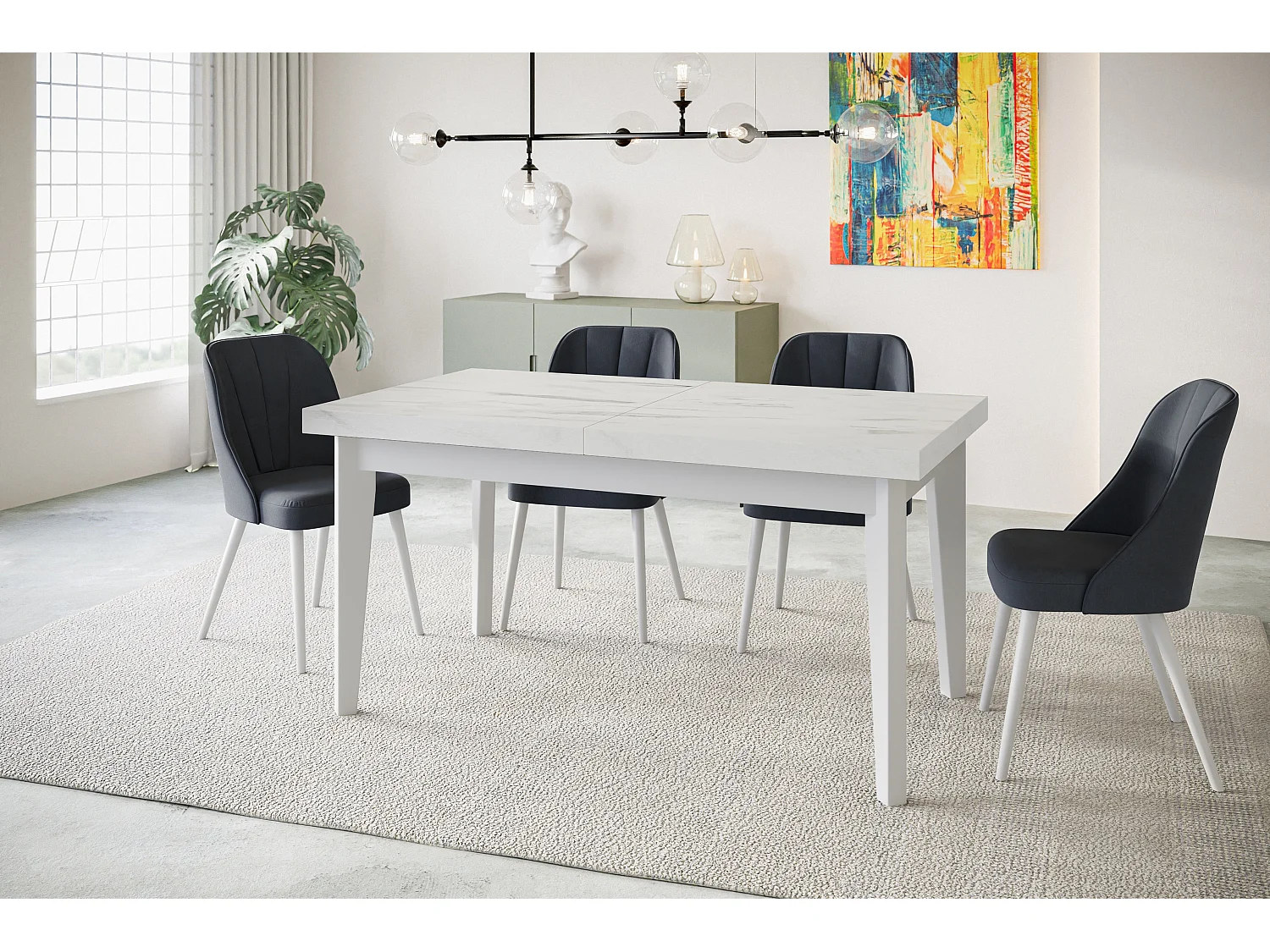 Table de salle à manger rectangulaire SKANDI, table à rallonges, dimensions: 120-160X80X78 cm, couleur: MARMUR, avec pieds en bois blanc