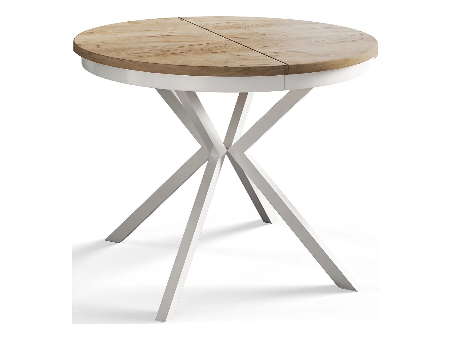 Table de salle à manger ronde BERGO, table à rallonges Diamètre : 120 cm/200 cm, couleur de la table basse : marron, avec pieds métalliques de couleur blanche