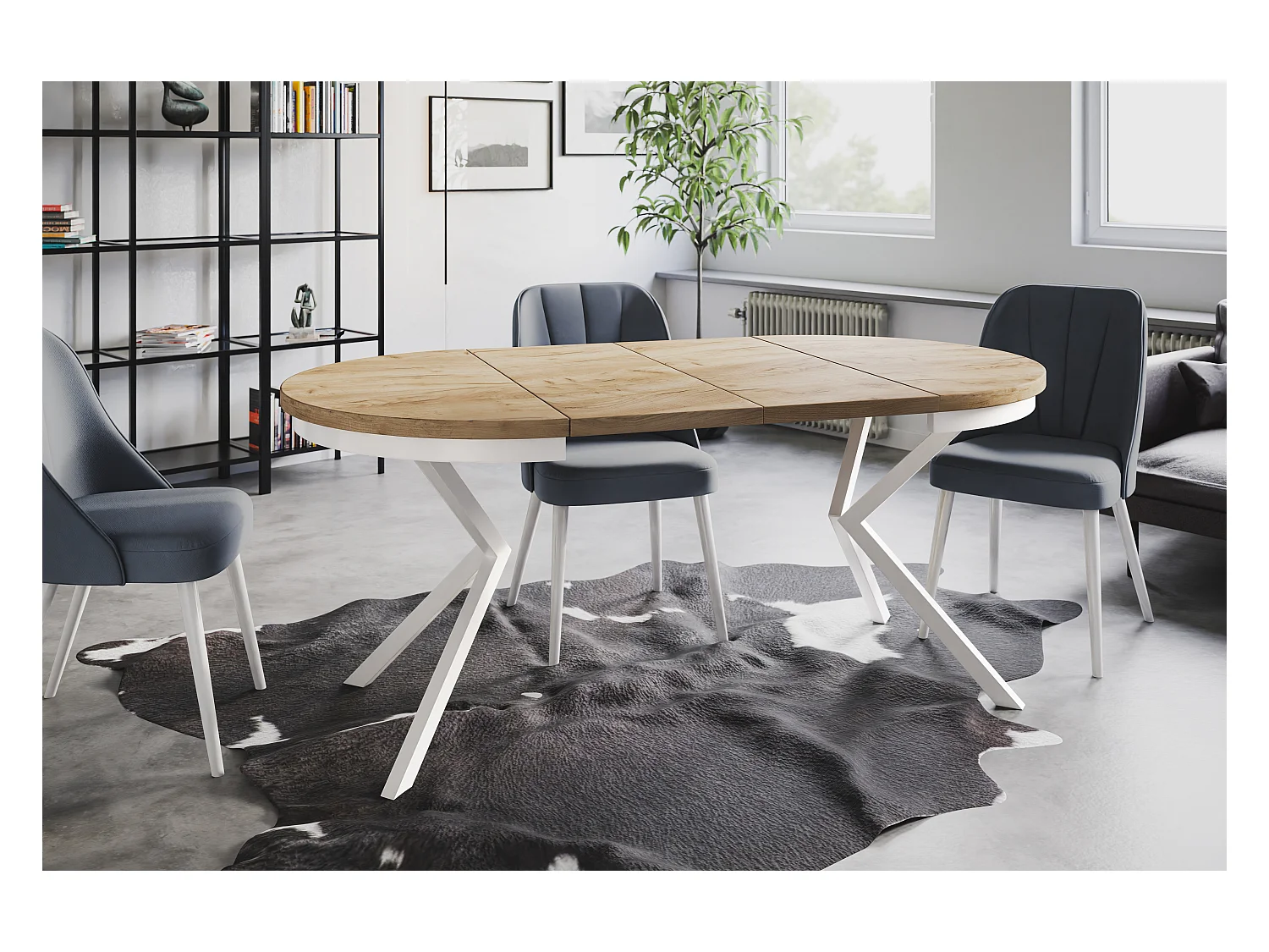 Table de salle à manger ronde BERGO, table à rallonges Diamètre : 120 cm/200 cm, couleur de la table basse : marron, avec pieds métalliques de couleur blanche