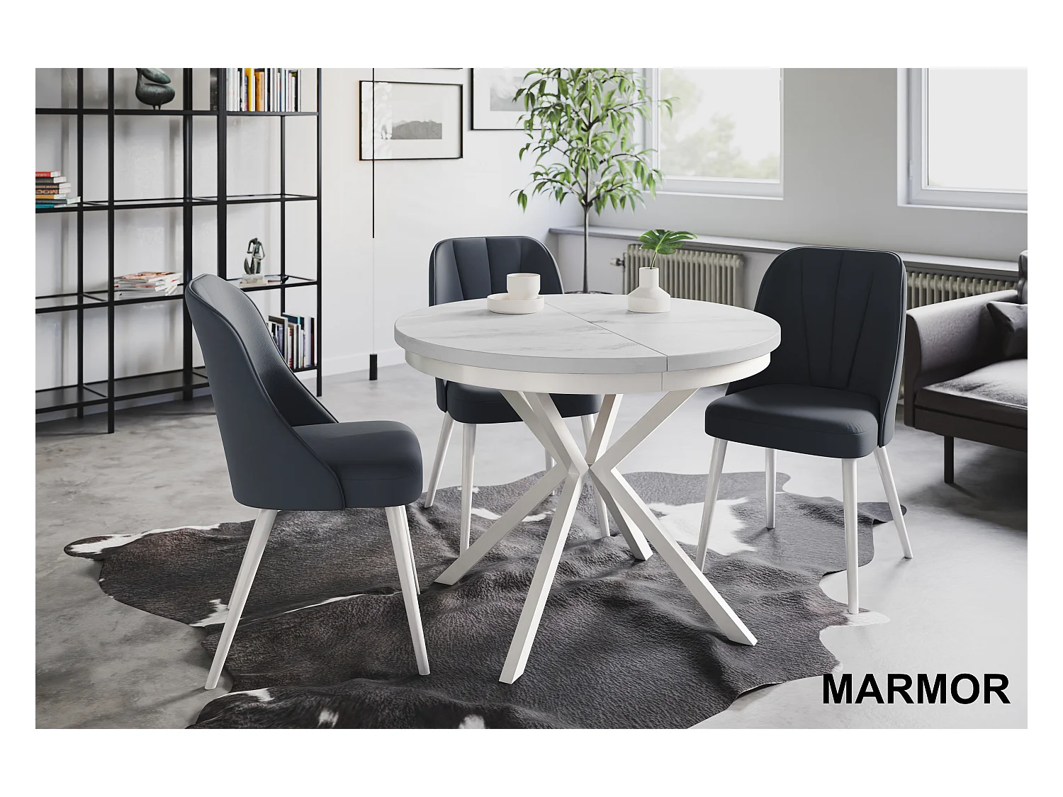 Table de salle à manger ronde BERGO, table à rallonges Diamètre : 120 cm/200 cm, couleur de la table basse : marbre, avec pieds métalliques blancs