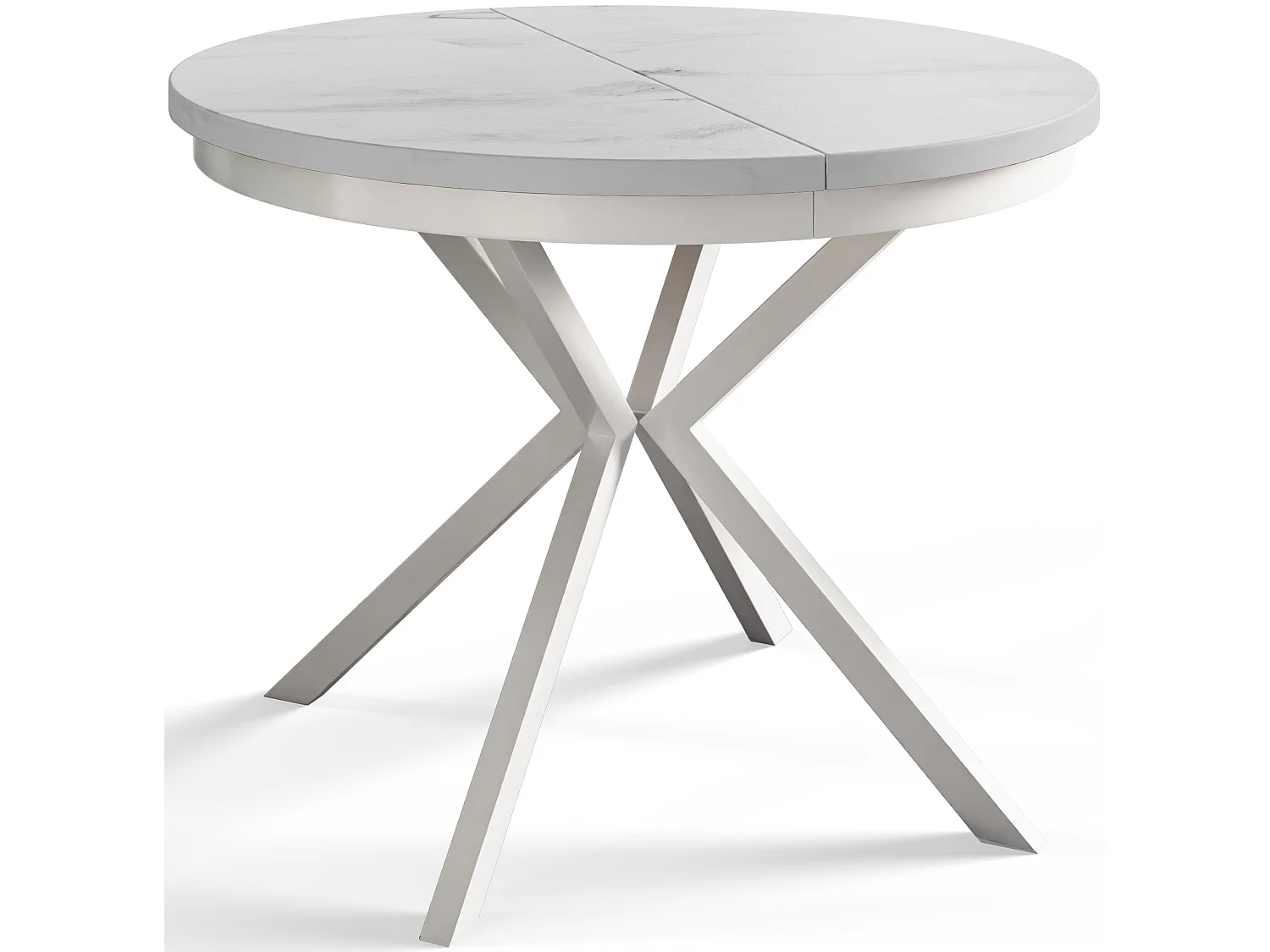 Table de salle à manger ronde BERGO, table à rallonges Diamètre : 120 cm/200 cm, couleur de la table basse : marbre, avec pieds métalliques blancs