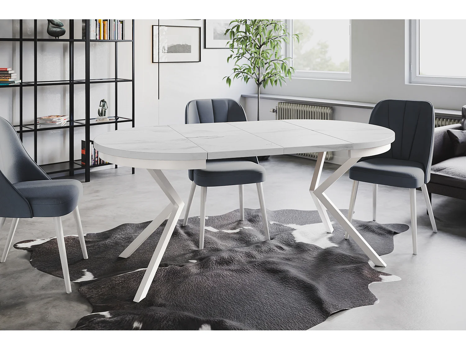 Table de salle à manger ronde BERGO, table à rallonges Diamètre : 120 cm/200 cm, couleur de la table basse : marbre, avec pieds métalliques blancs