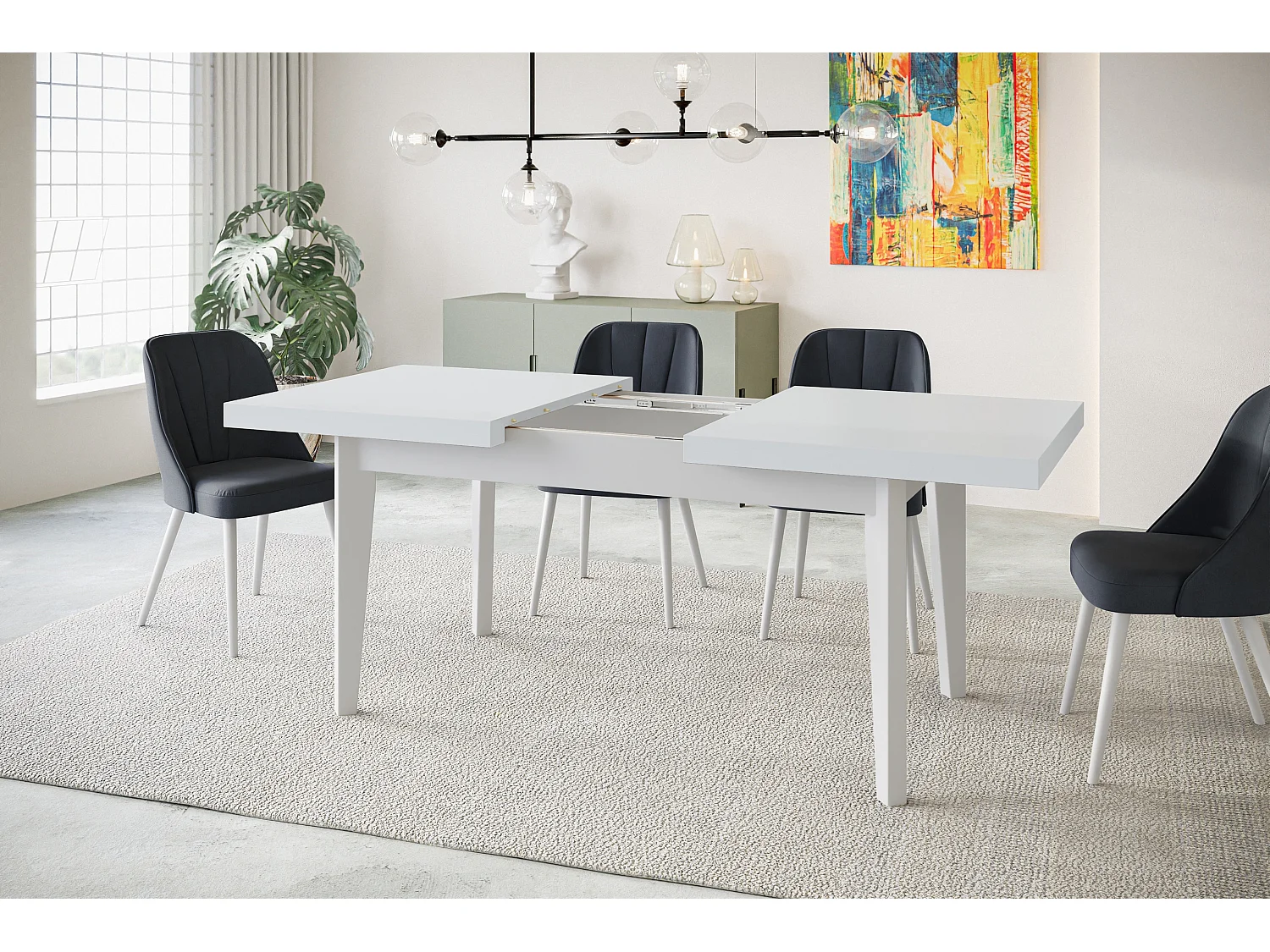 Table de salle à manger rectangulaire SKANDI, table à rallonges, dimensions: 120-160X80X78 cm, couleur: blanc, avec pieds en bois de couleur blanche