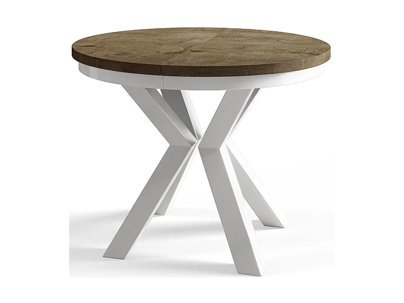 Table de salle à manger ronde LOFT, table à rallonges Diamètre : 120 cm/200 cm, couleur de la table basse : brun foncé, avec pieds métalliques de couleur blanche