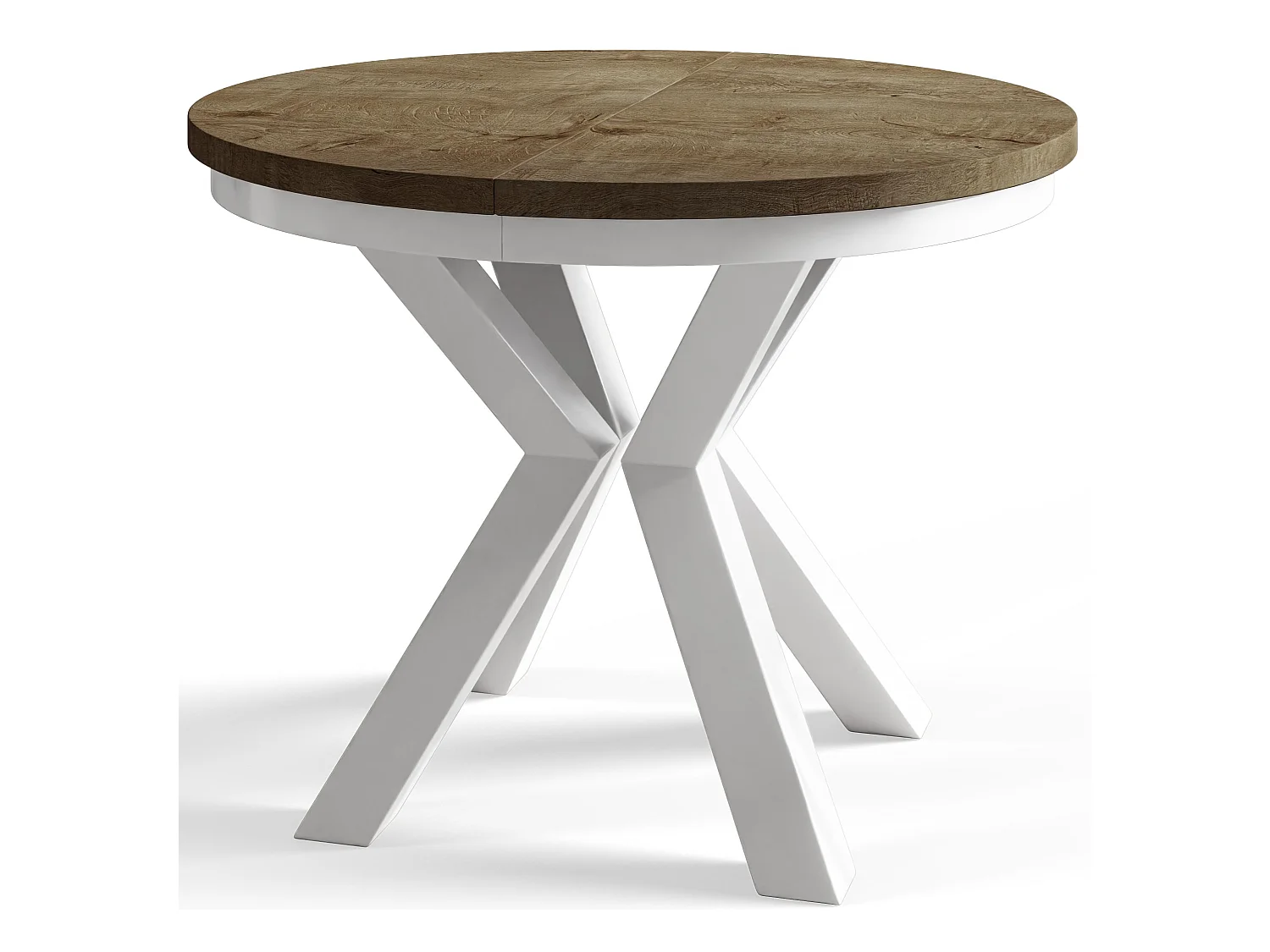 Table de salle à manger ronde LOFT, table à rallonges Diamètre : 120 cm/200 cm, couleur de la table basse : brun foncé, avec pieds métalliques de couleur blanche