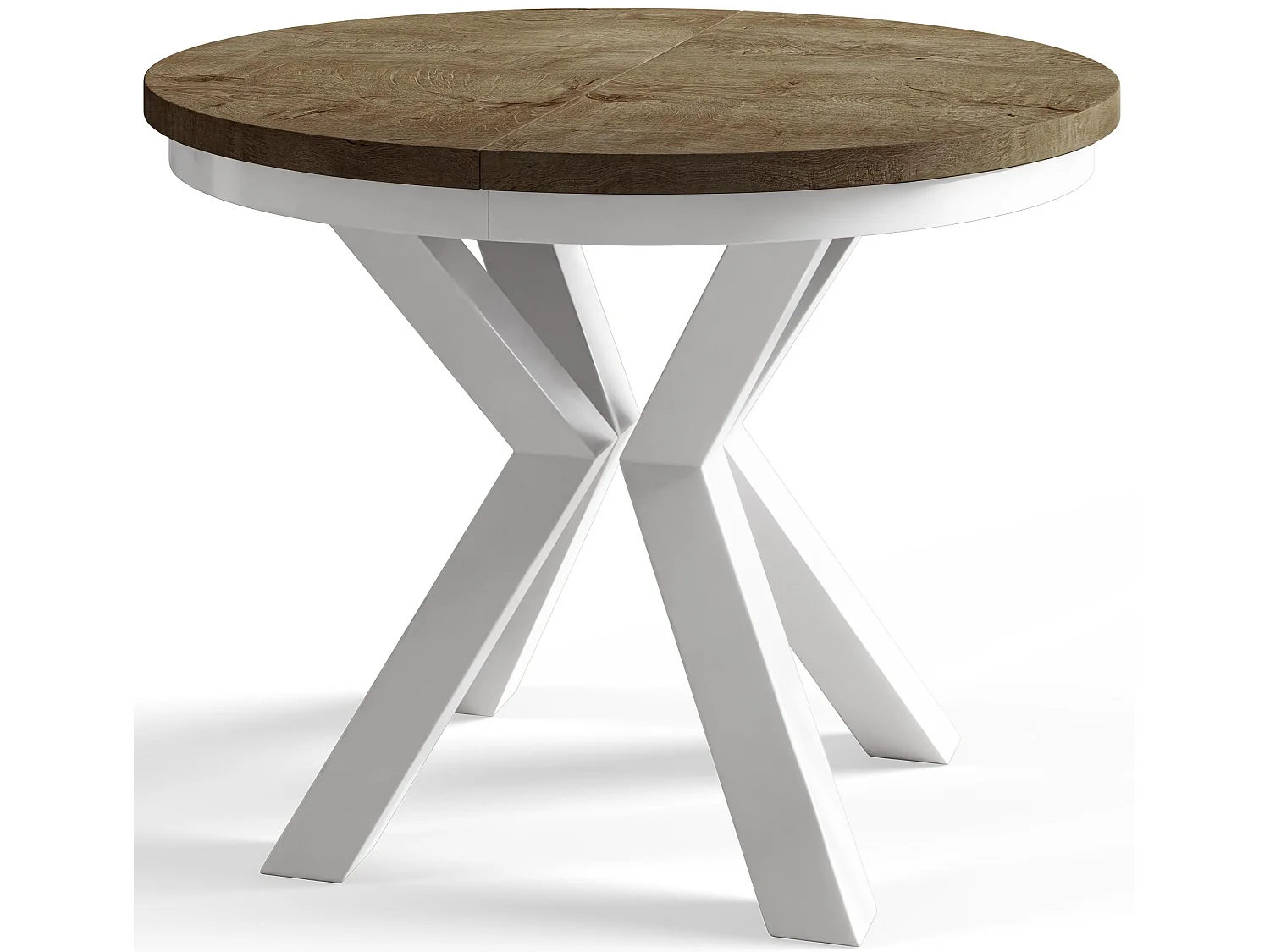 Table de salle à manger ronde LOFT, table à rallonges Diamètre : 120 cm/200 cm, couleur de la table basse : brun foncé, avec pieds métalliques de couleur blanche