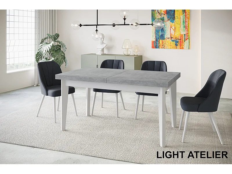 Table de salle à manger rectangulaire SKANDI, table à rallonges, dimensions: 140-180X80X78 cm, couleur: ATELIER, avec pieds en bois de couleur blanche