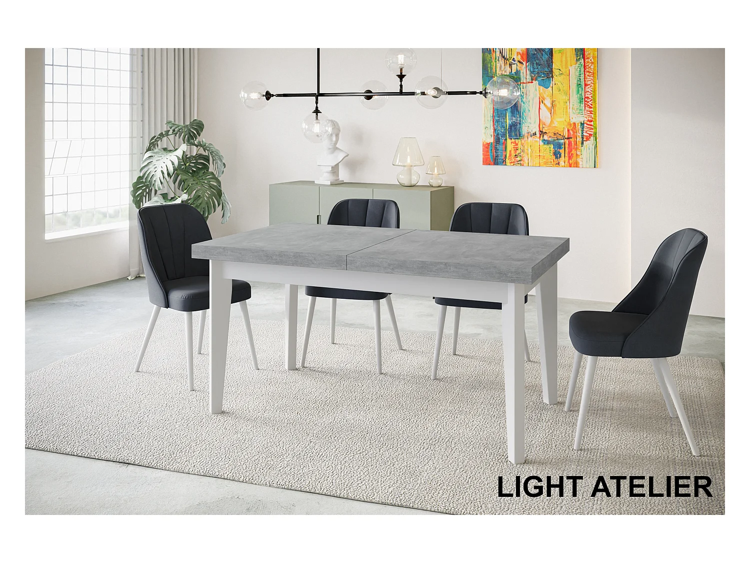 Table de salle à manger rectangulaire SKANDI, table à rallonges, dimensions: 140-180X80X78 cm, couleur: ATELIER, avec pieds en bois de couleur blanche