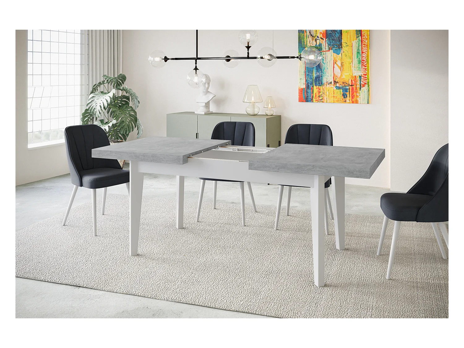 Table de salle à manger rectangulaire SKANDI, table à rallonges, dimensions: 140-180X80X78 cm, couleur: ATELIER, avec pieds en bois de couleur blanche
