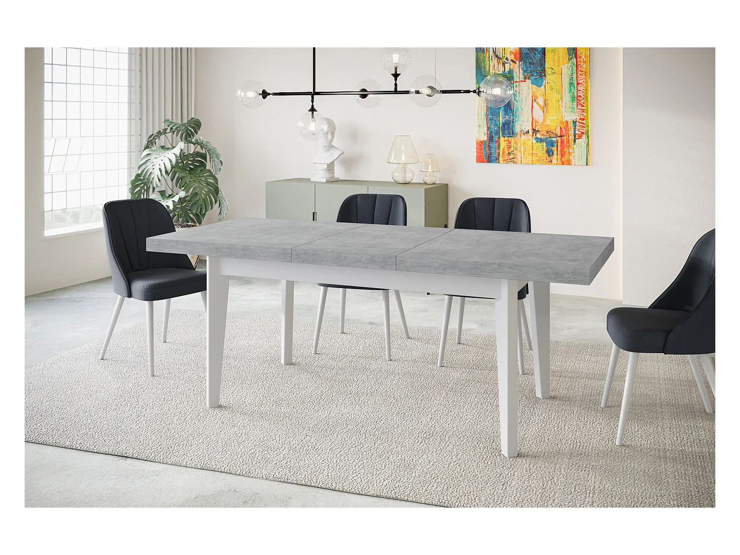 Table de salle à manger rectangulaire SKANDI, table à rallonges, dimensions: 140-180X80X78 cm, couleur: ATELIER, avec pieds en bois de couleur blanche
