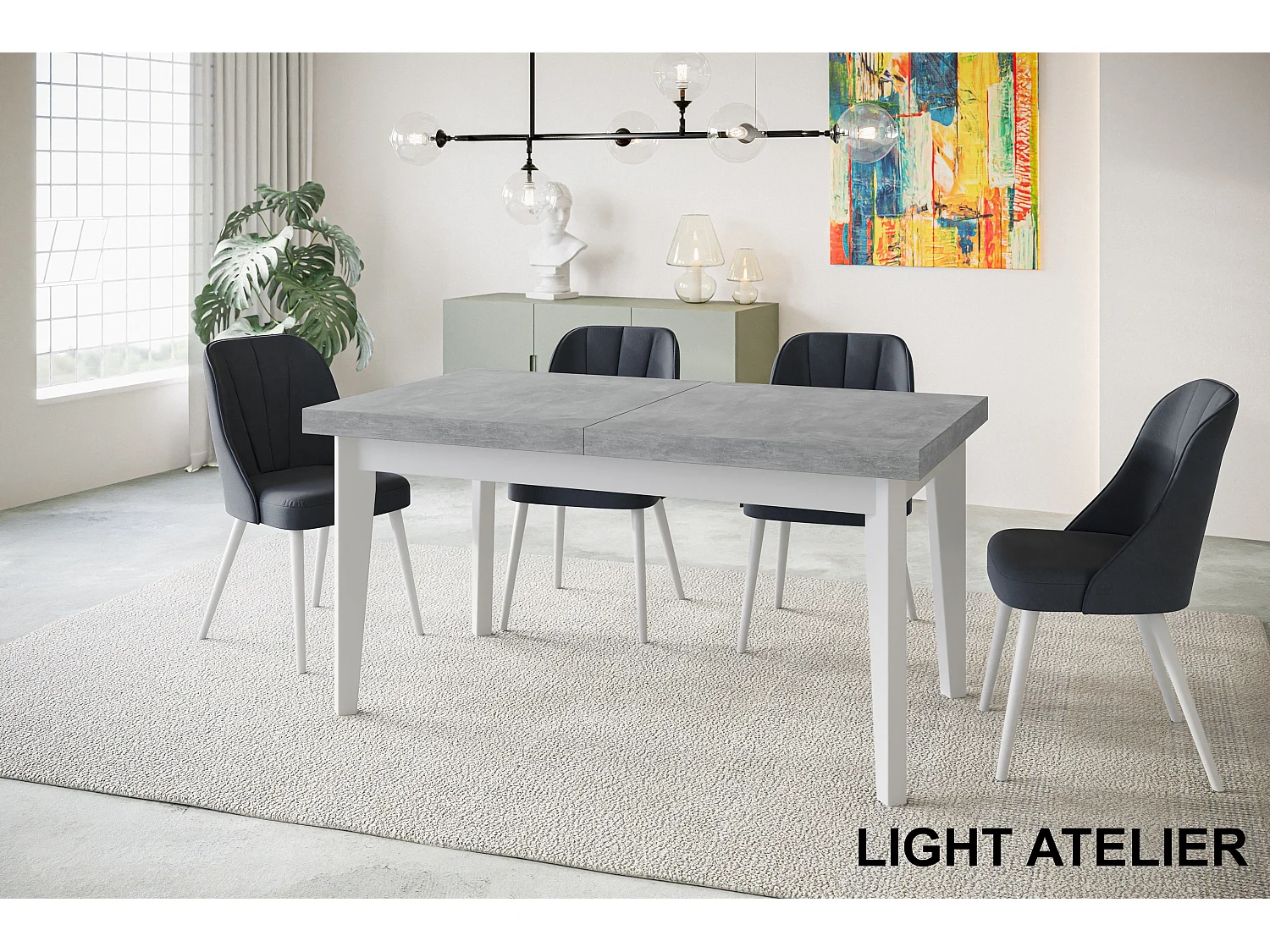 Table de salle à manger rectangulaire SKANDI, table à rallonges, dimensions: 140-180X80X78 cm, couleur: ATELIER, avec pieds en bois de couleur blanche