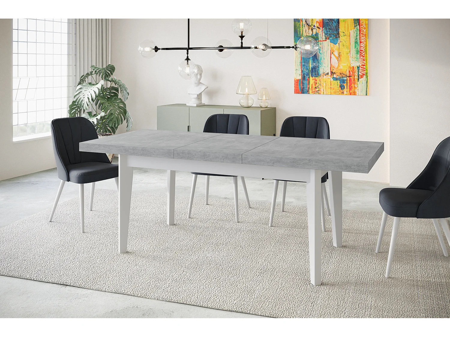 Table de salle à manger rectangulaire SKANDI, table à rallonges, dimensions: 140-180X80X78 cm, couleur: ATELIER, avec pieds en bois de couleur blanche