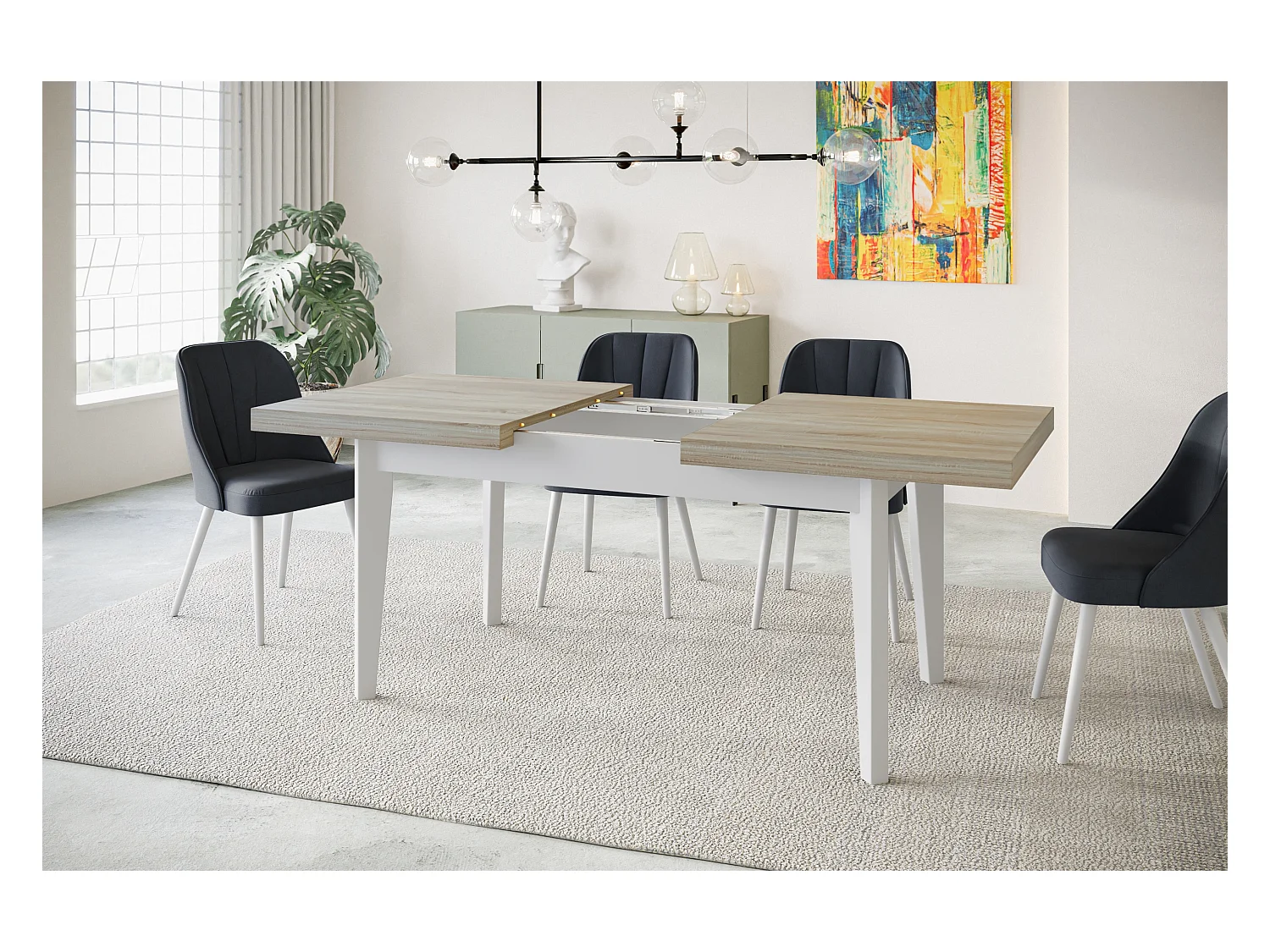 Table de salle à manger rectangulaire SKANDI, table à rallonges, dimensions: 140-180X80X78 cm, couleur: SONOMA, avec pieds en bois de couleur blanche