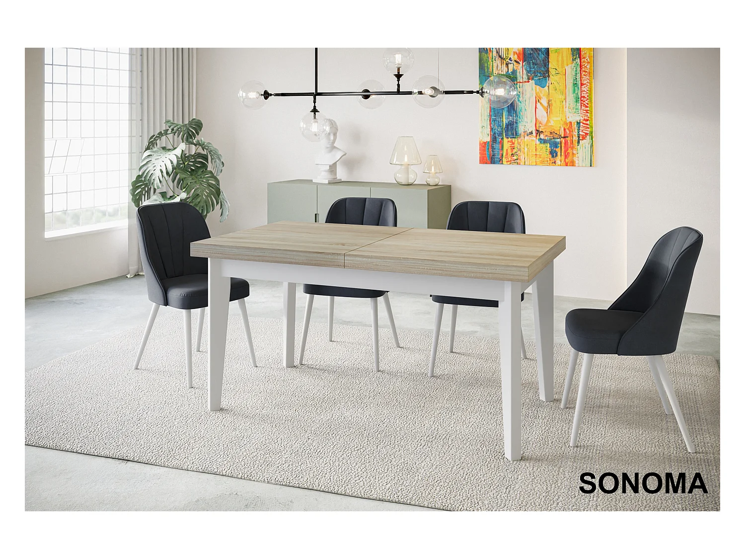 Table de salle à manger rectangulaire SKANDI, table à rallonges, dimensions: 140-180X80X78 cm, couleur: SONOMA, avec pieds en bois de couleur blanche