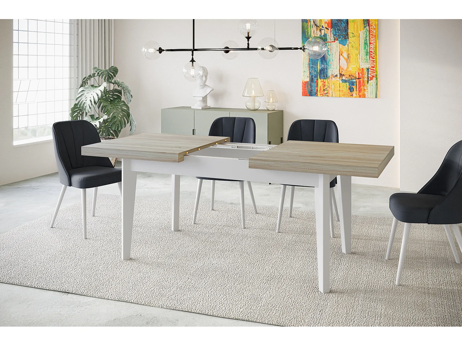 Table de salle à manger rectangulaire SKANDI, table à rallonges, dimensions: 140-180X80X78 cm, couleur: SONOMA, avec pieds en bois de couleur blanche