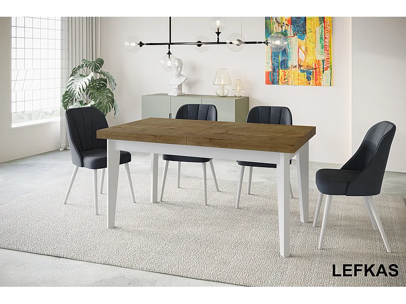 Table de salle à manger rectangulaire SKANDI, table à rallonges, dimensions: 200-300X100X78 cm, couleur: LEFKAS, avec pieds en bois de couleur blanche