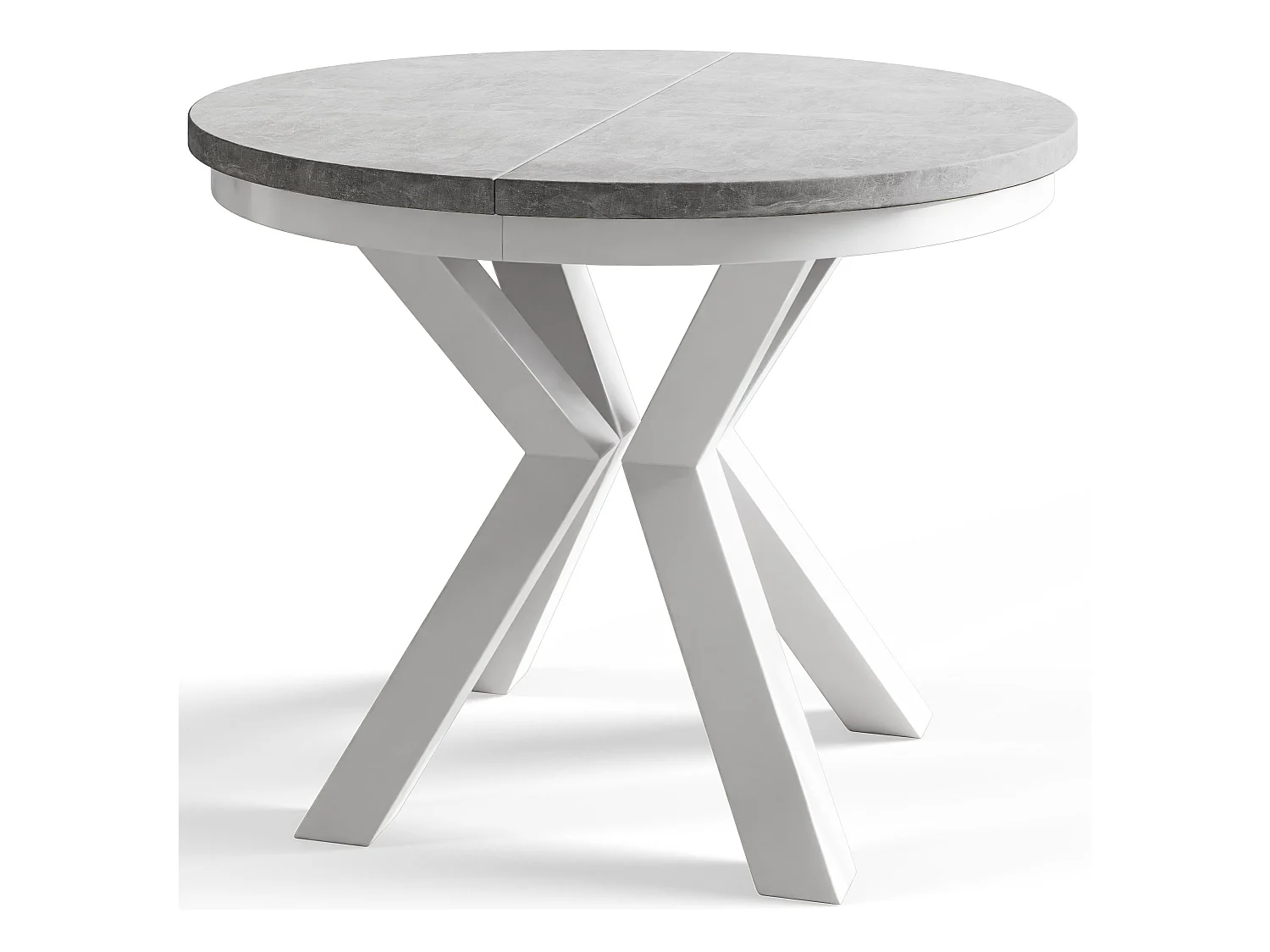 Table de salle à manger ronde LOFT, table à rallonges Diamètre : 100 cm/180 cm, couleur de la table basse : gris, avec pieds métalliques de couleur blanche