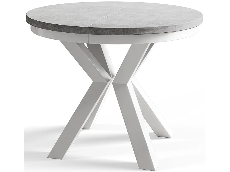 Table de salle à manger ronde LOFT, table à rallonges Diamètre : 100 cm/180 cm, couleur de la table basse : gris, avec pieds métalliques de couleur blanche
