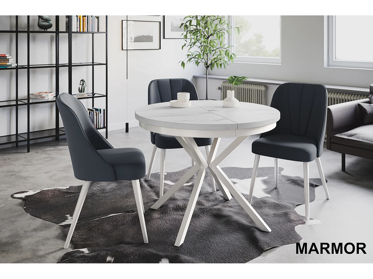 Table de salle à manger ronde BERGO, table à rallonges Diamètre : 100 cm/180 cm, couleur de la table basse : marbre, avec pieds métalliques blancs