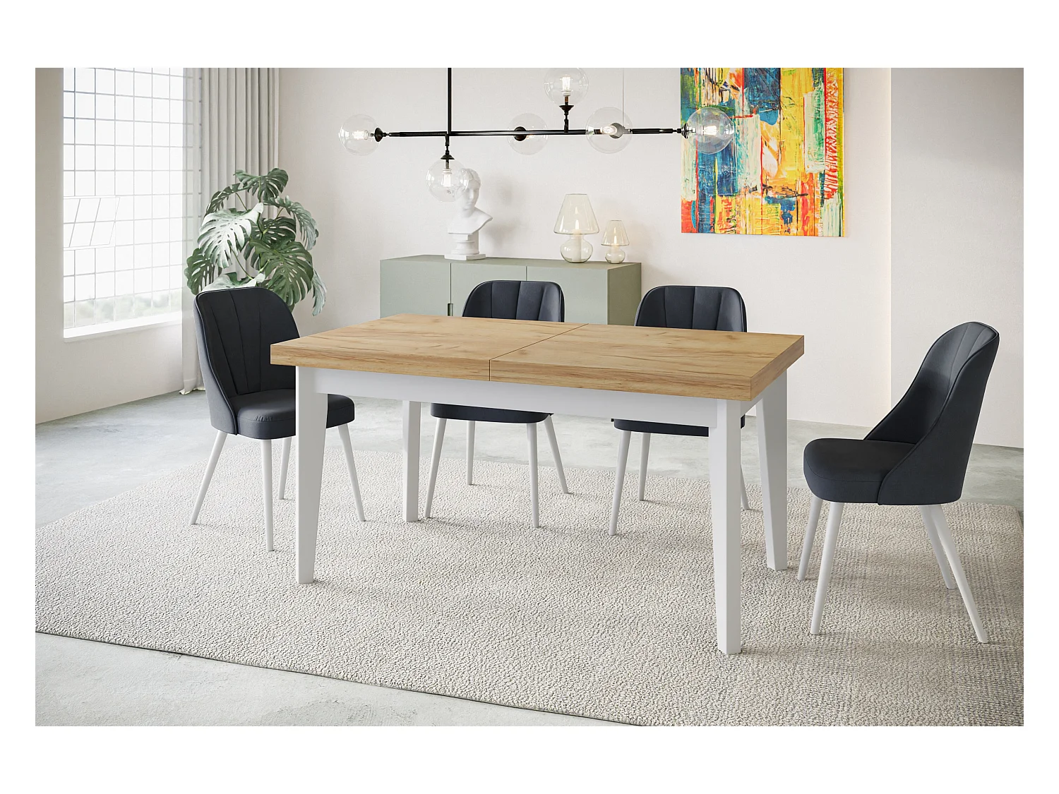 Table de salle à manger rectangulaire SKANDI, table à rallonges, dimensions: 160-210X90X78 cm, couleur: CRAFT, avec pieds en bois blanc