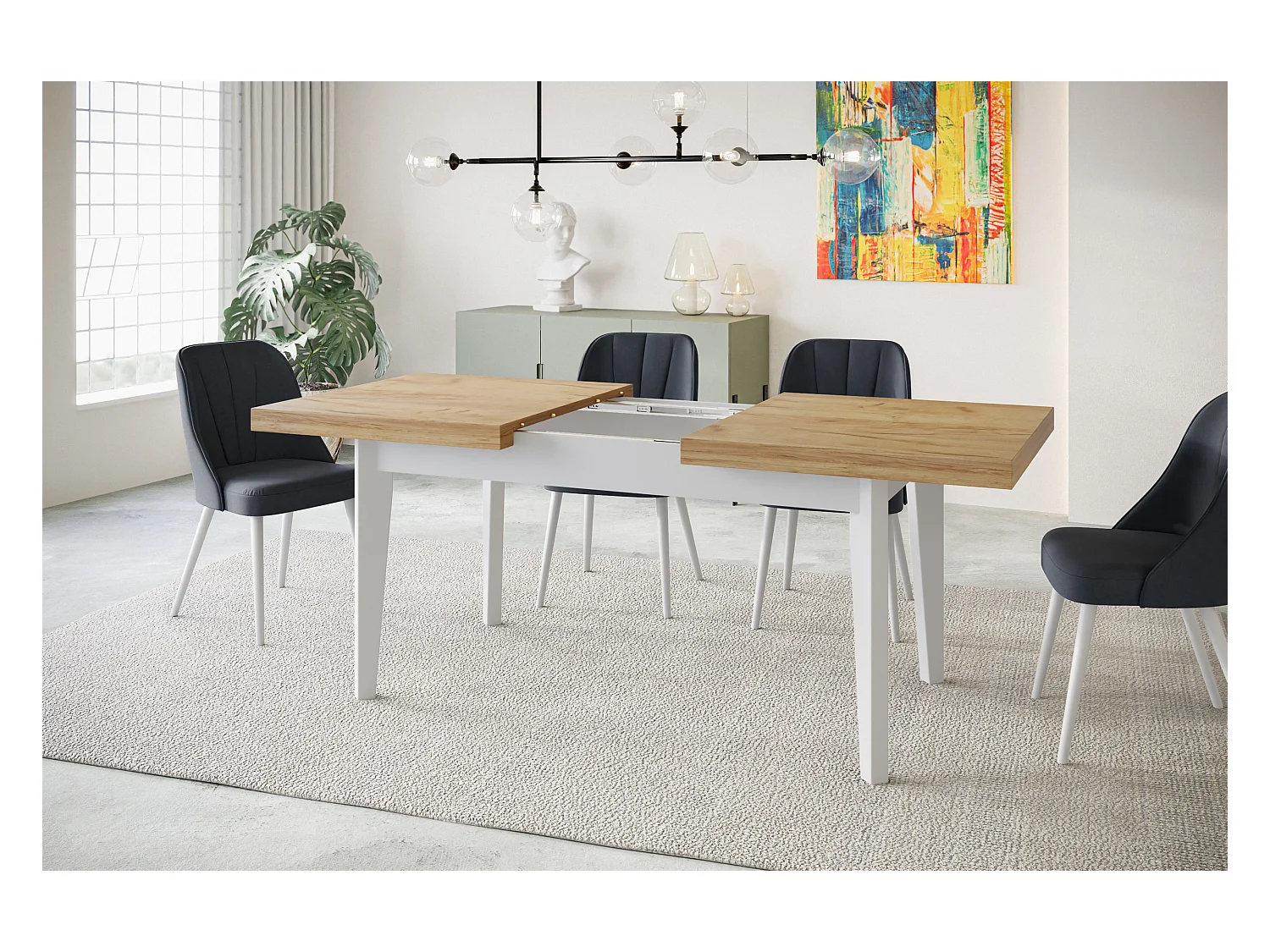 Table de salle à manger rectangulaire SKANDI, table à rallonges, dimensions: 140-180X80X78 cm, couleur: CRAFT, avec pieds en bois de couleur blanche