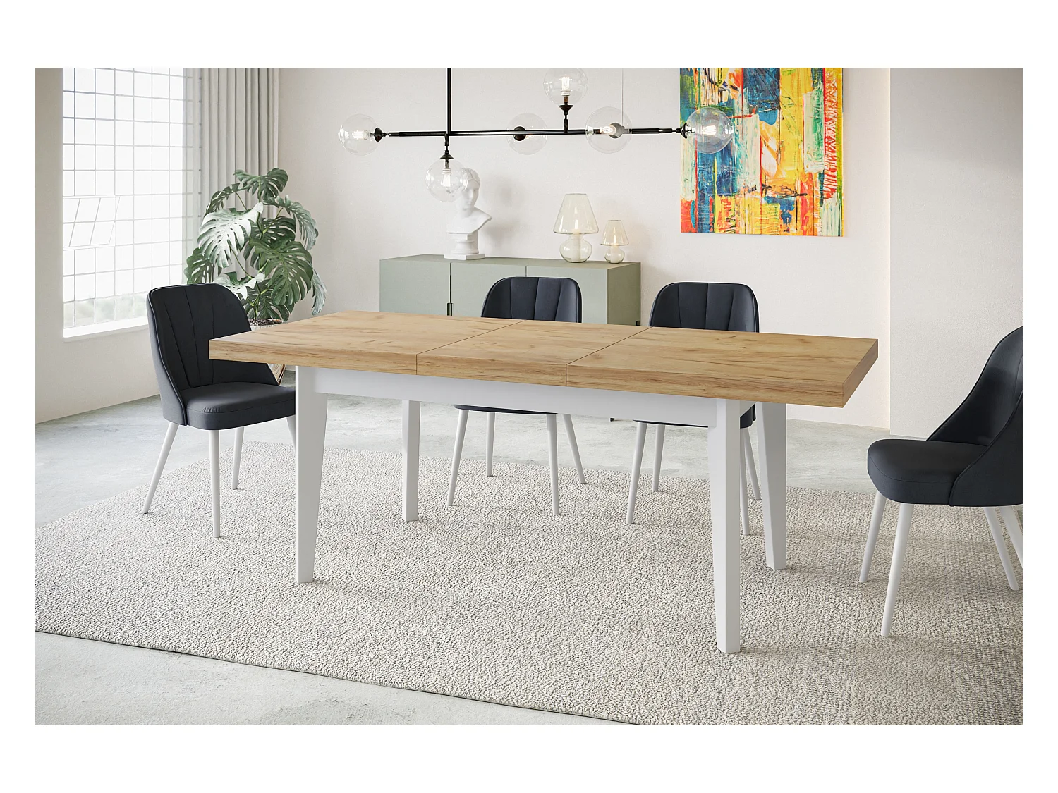 Table de salle à manger rectangulaire SKANDI, table à rallonges, dimensions: 140-180X80X78 cm, couleur: CRAFT, avec pieds en bois de couleur blanche