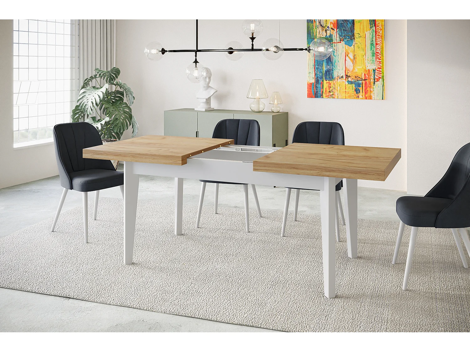 Table de salle à manger rectangulaire SKANDI, table à rallonges, dimensions: 140-180X80X78 cm, couleur: CRAFT, avec pieds en bois de couleur blanche