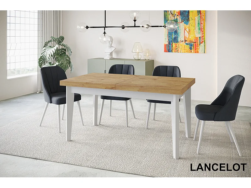 Table de salle à manger rectangulaire SKANDI, table à rallonges, dimensions: 120-160X80X78 cm, couleur: LANCELOT, avec pieds en bois blanc