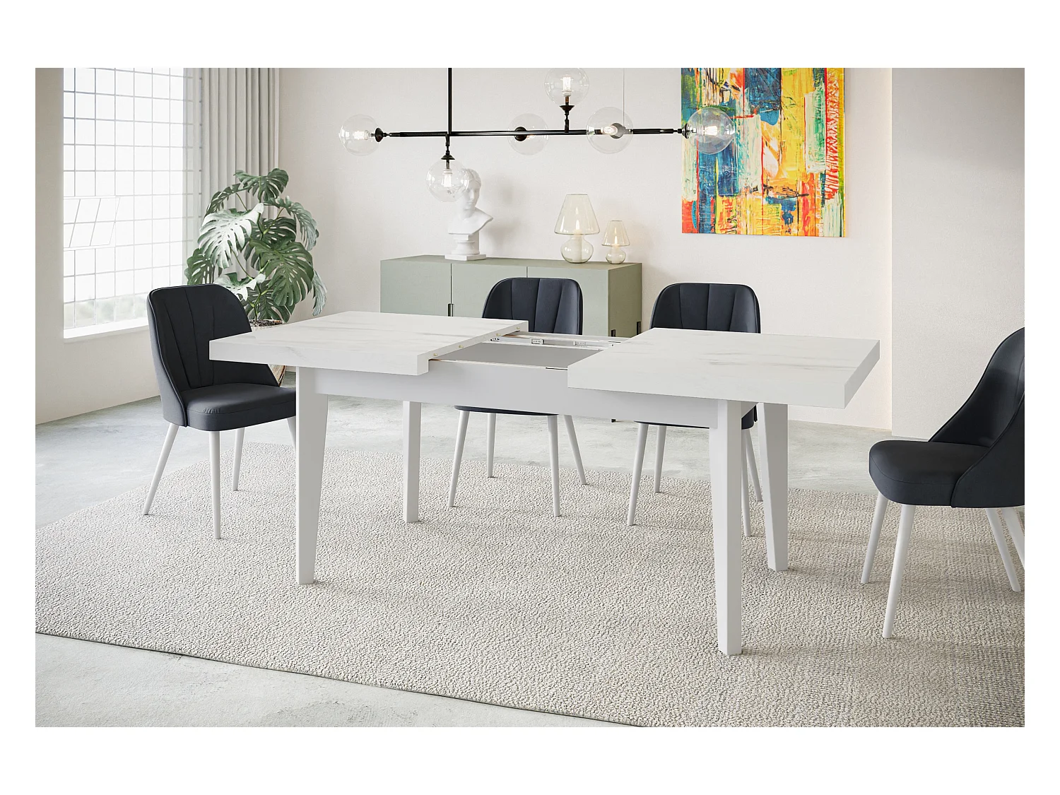 Table de salle à manger rectangulaire SKANDI, table à rallonges, dimensions: 140-180X80X78 cm, couleur: MARMUR, avec pieds en bois blanc