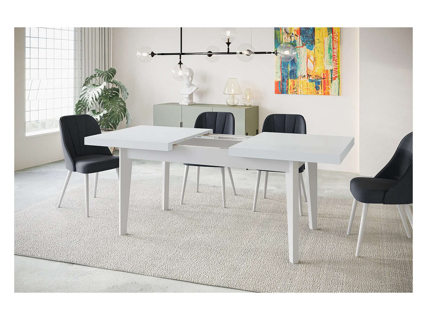 Table de salle à manger rectangulaire SKANDI, table à rallonges, dimensions: 200-300X100X78 cm, couleur: blanc, avec pieds en bois de couleur blanc