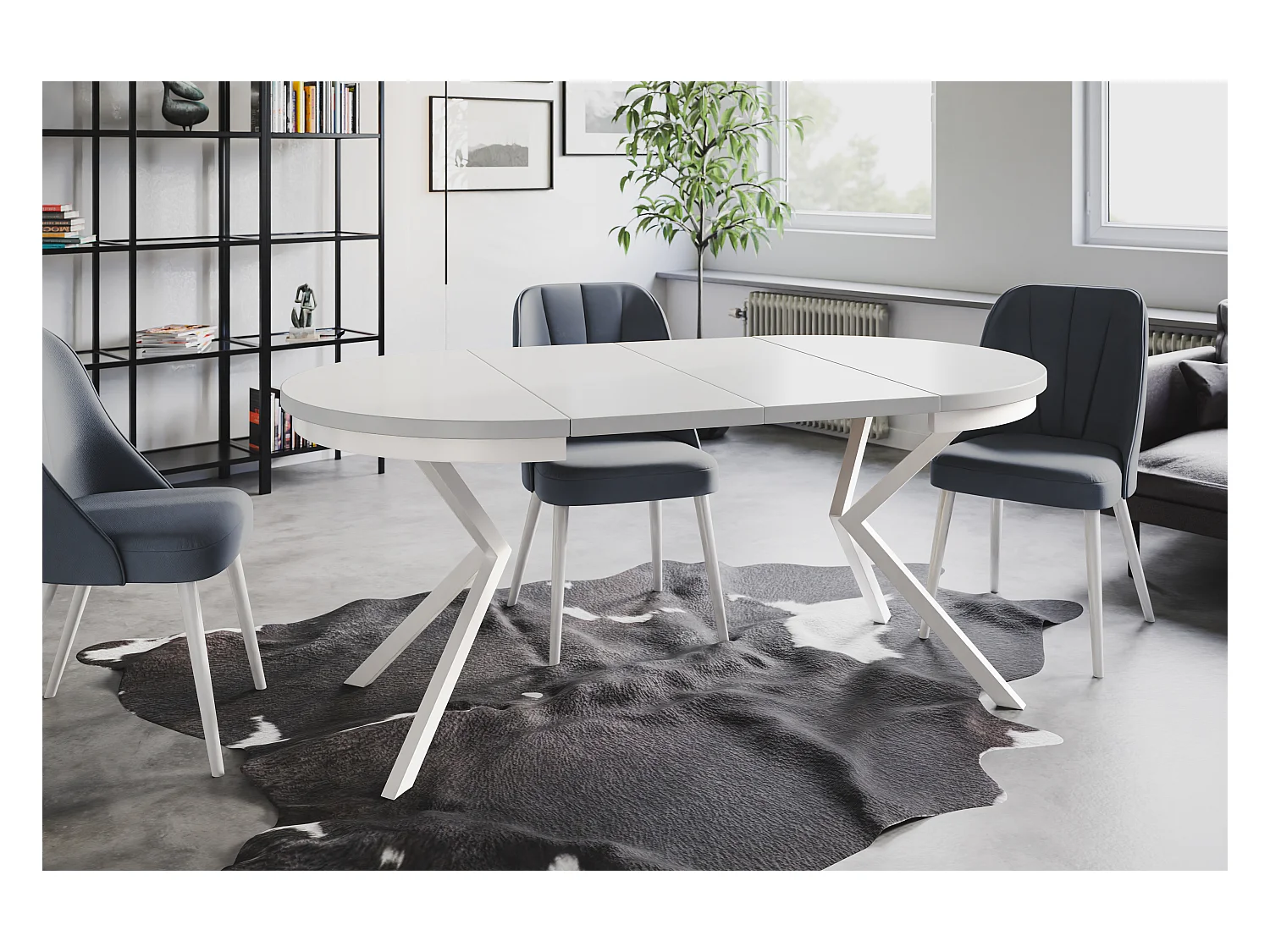 Table de salle à manger ronde BERGO, table à rallonges Diamètre : 120 cm/200 cm, couleur de la table basse : blanc, avec pieds métalliques de couleur blanche