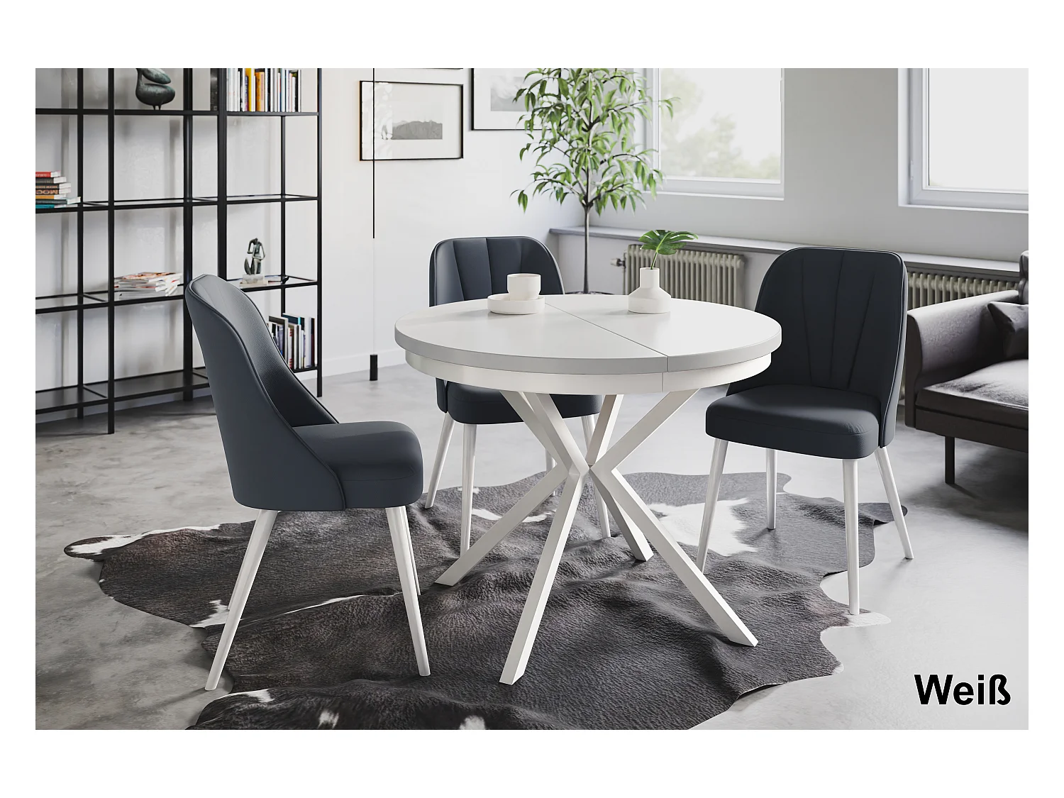 Table de salle à manger ronde BERGO, table à rallonges Diamètre : 120 cm/200 cm, couleur de la table basse : blanc, avec pieds métalliques de couleur blanche