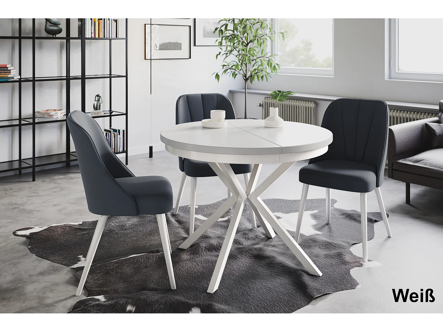 Table de salle à manger ronde BERGO, table à rallonges Diamètre : 120 cm/200 cm, couleur de la table basse : blanc, avec pieds métalliques de couleur blanche