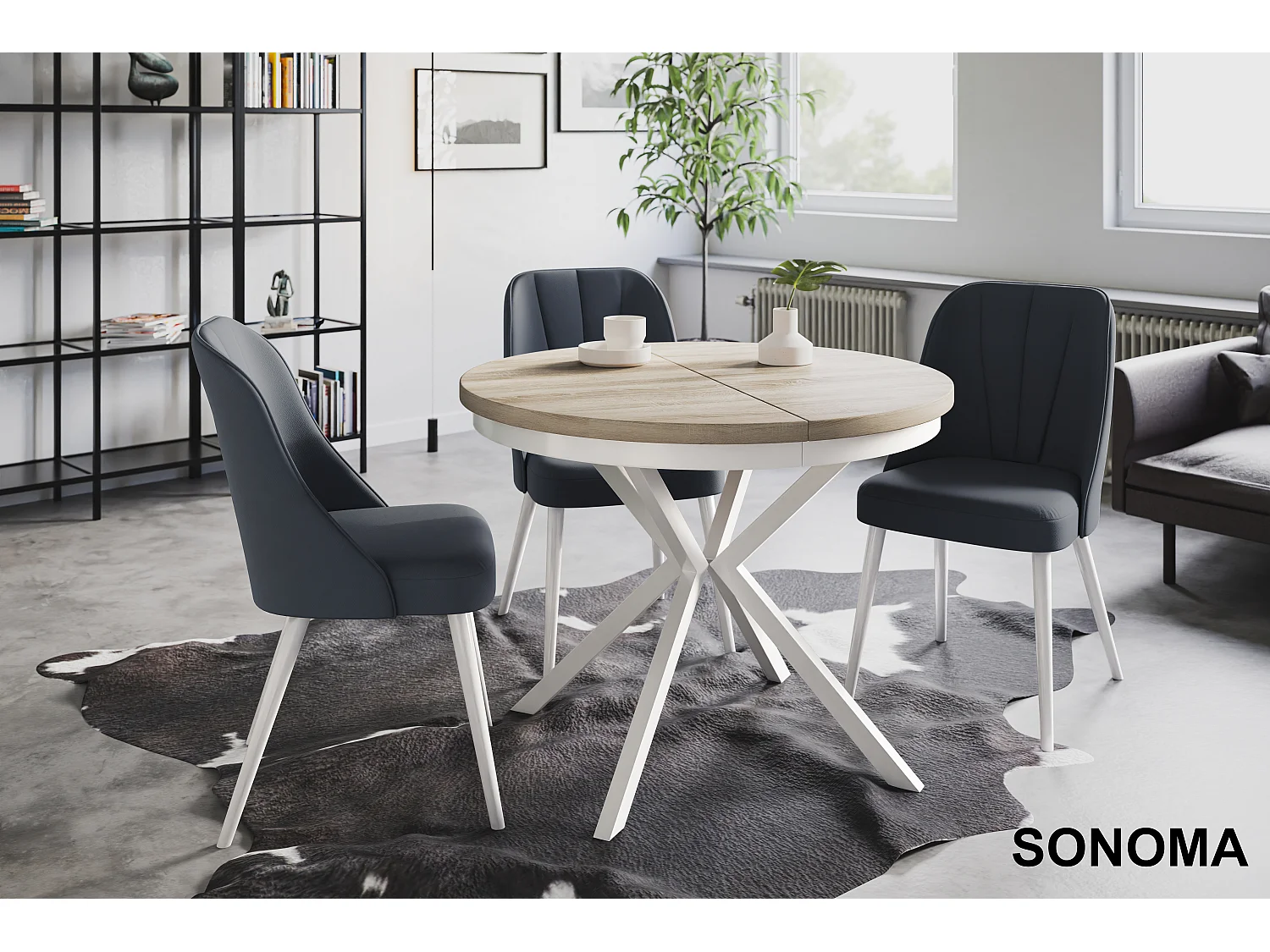 Table de salle à manger ronde BERGO, table à rallonges Diamètre : 90 cm/170 cm, couleur de la table basse : beige, avec pieds métalliques de couleur blanche