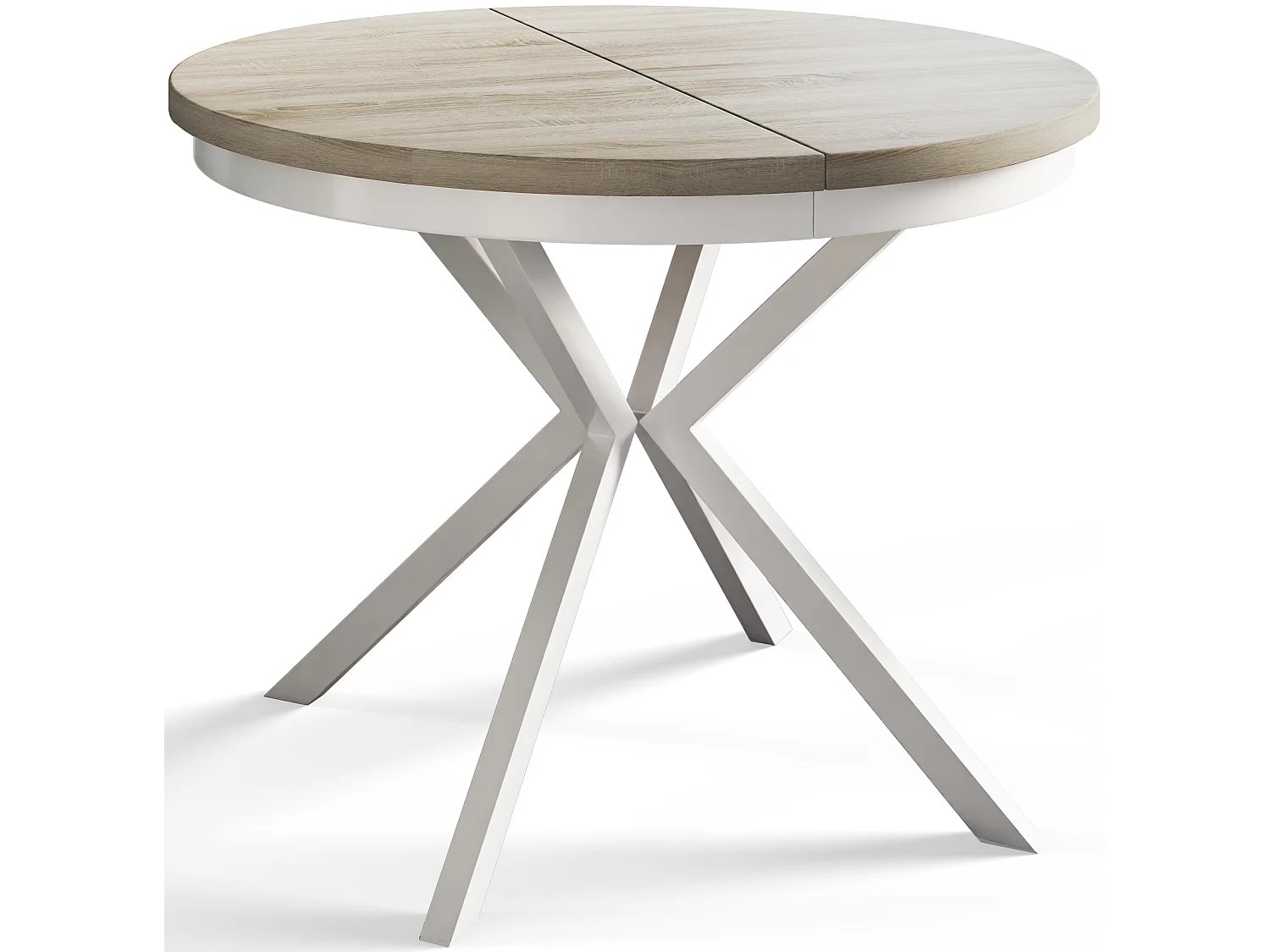 Table de salle à manger ronde BERGO, table à rallonges Diamètre : 90 cm/170 cm, couleur de la table basse : beige, avec pieds métalliques de couleur blanche