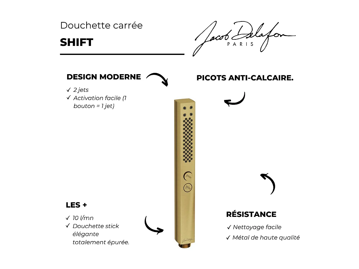Pommeau de douche JACOB DELAFON Shift+ carré 2 jets laiton brossé