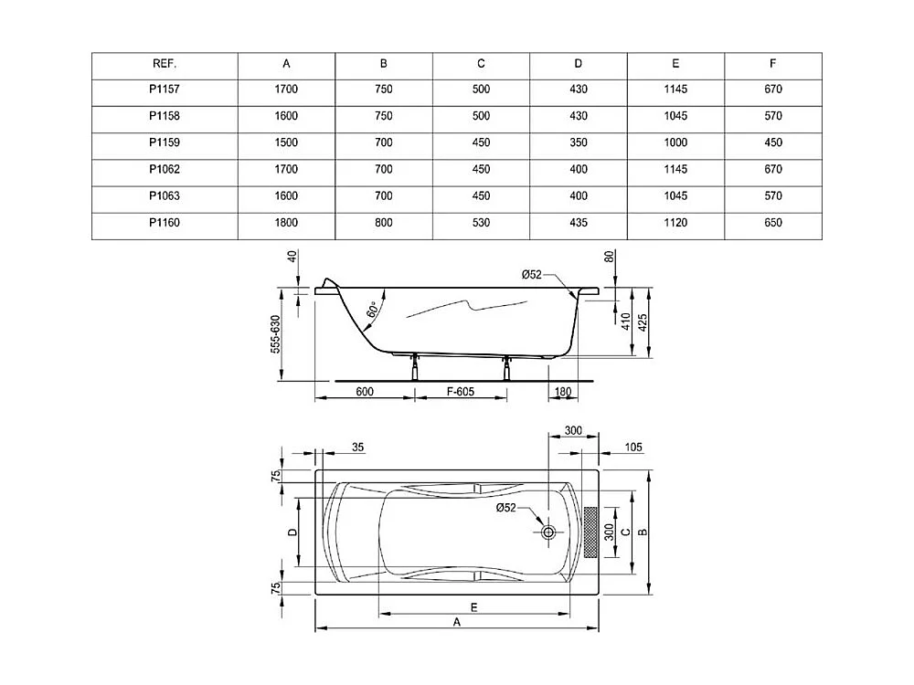 PORCHER Baignoire droite 170 X 70 Ulysse acrylique