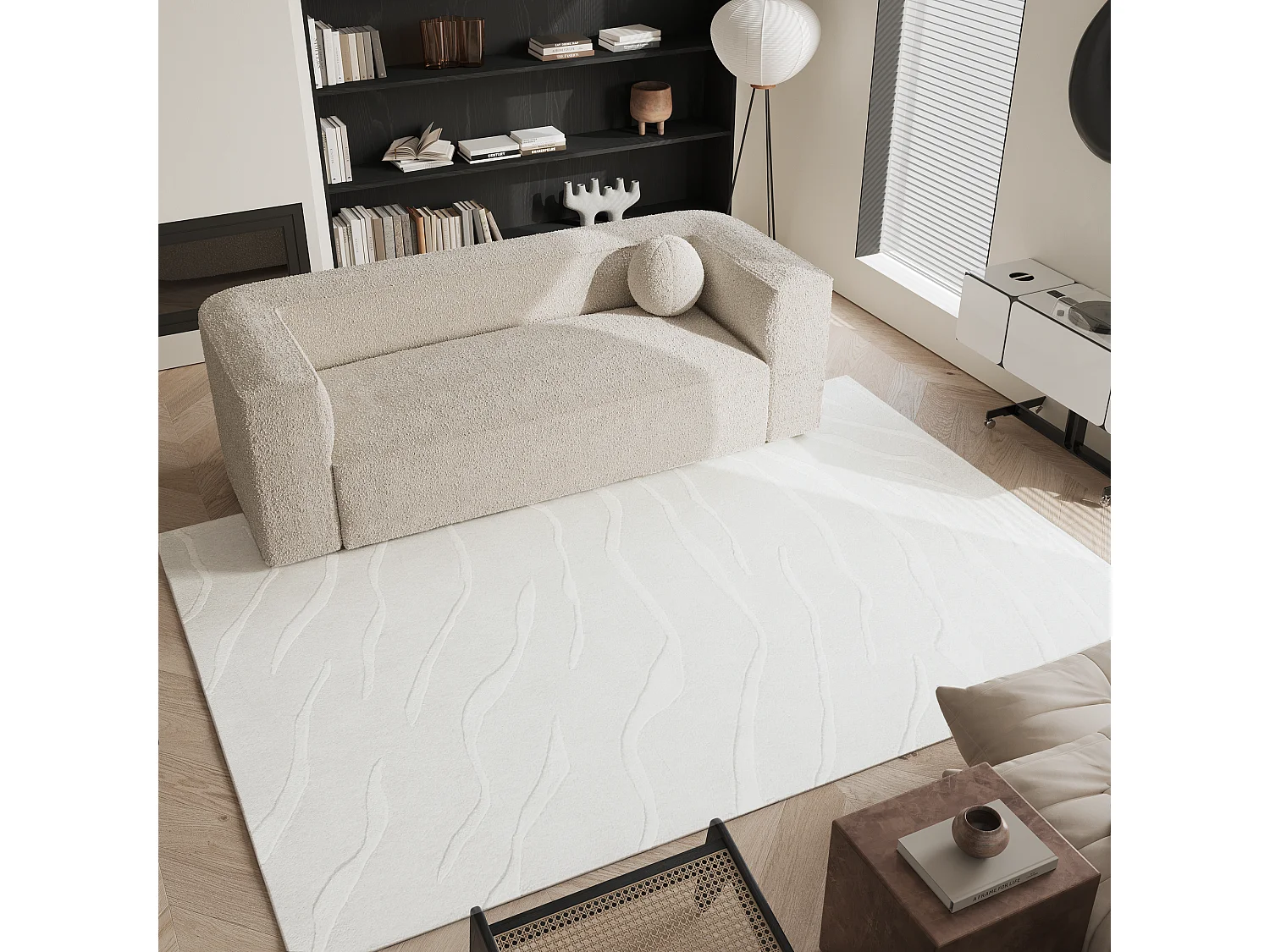Tapis rectangulaire en laine et viscose blanc cassé 160x230cm DAVEN