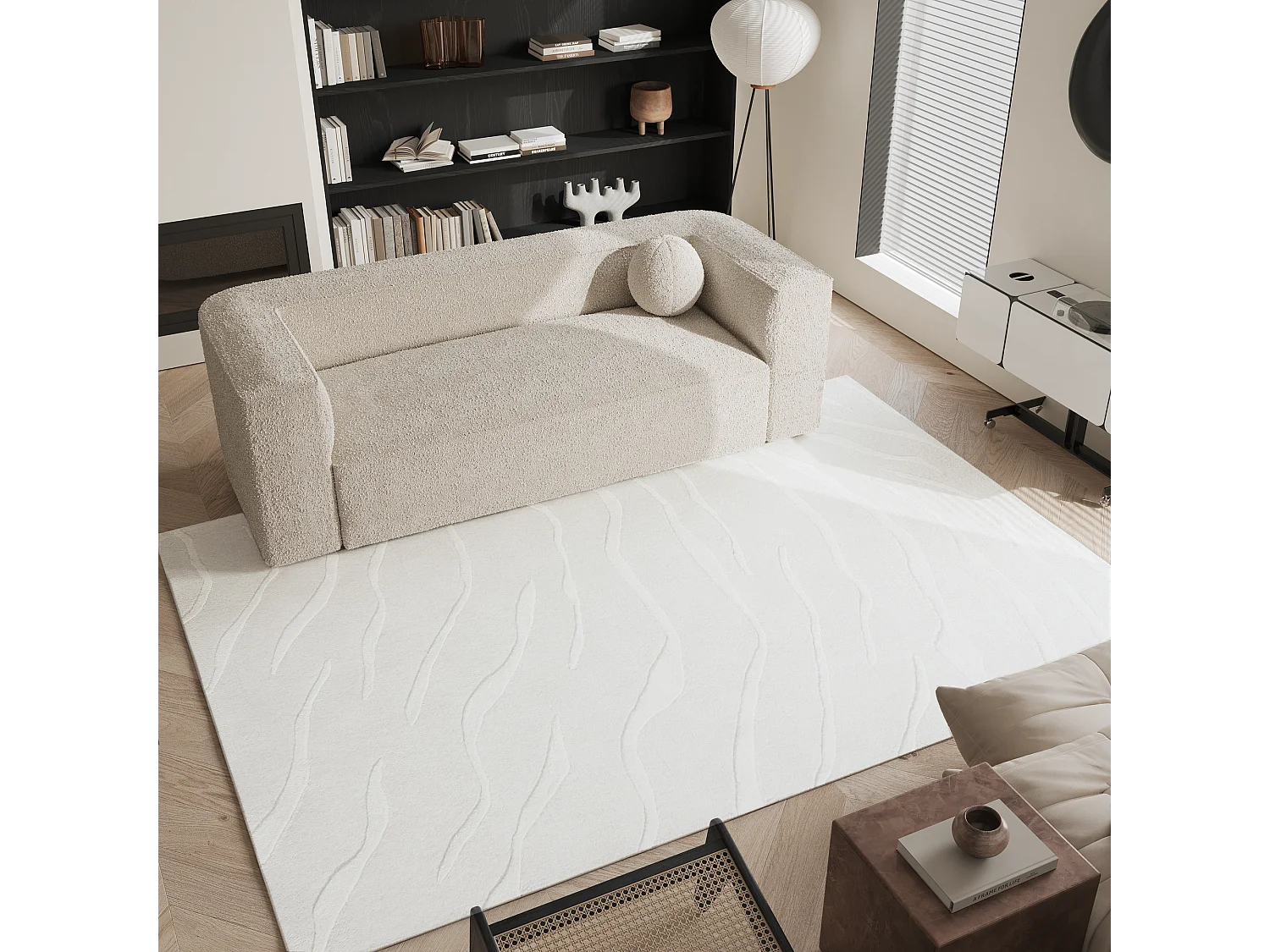 Tapis rectangulaire en laine et viscose blanc cassé 160x230cm DAVEN